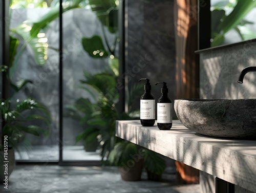 AI-generated illustration of soap bottles in a Bathroom with floral decor and a ceramic sink