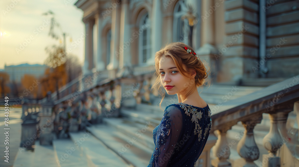 photo of beautiful young 21 years old woman with natural blonde long hair green eyes, wear deep blue evening dress with little silver swarowsky crystails, and elegant red hair clip