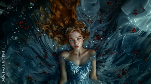  photo of beautiful young 21 years old woman with natural blonde long hair green eyes, wear deep blue evening dress with little silver swarowsky crystails, and elegant red hair clip