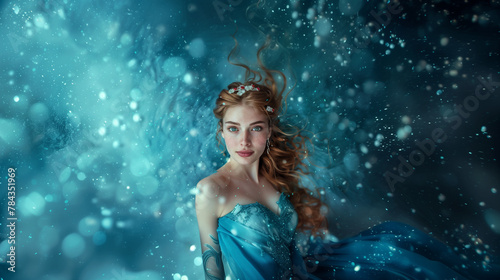 Ice queen portrait costplay and make up with a young beautiful blue eyes woman in icy blue long dress