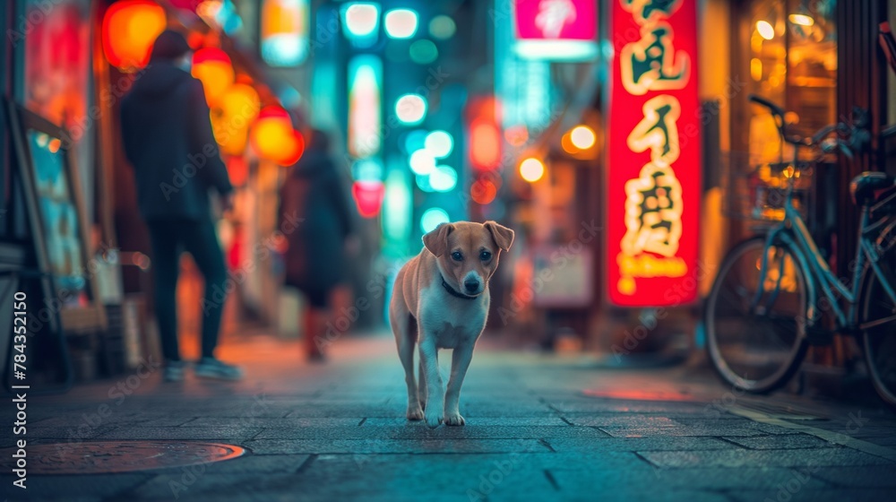 a dog is standing on the sidewalk in an asian city - obrazy, fototapety, plakaty 