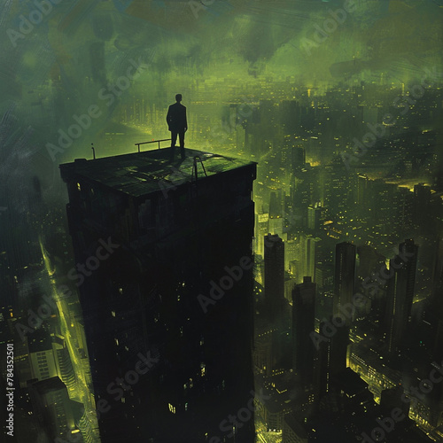 man standing on the edge of high building with city view photo