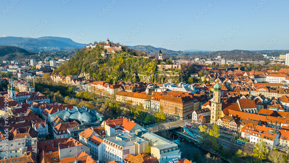 Panorama view of Graz city in Austria with the historic city centre and the Schloßberg hill
