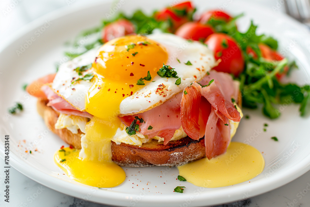 tasty eggs benedict, fried egg and ham on a toast on a plate with salad for breakfast, poached egg, floating yolk
