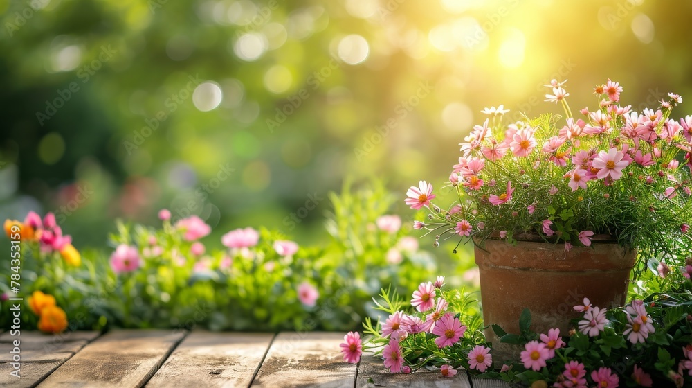 the sunlight is shining on flowers in a pot on a wooden deck