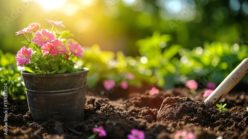 gardening potted with pink flowers and a wooden spade in the ground