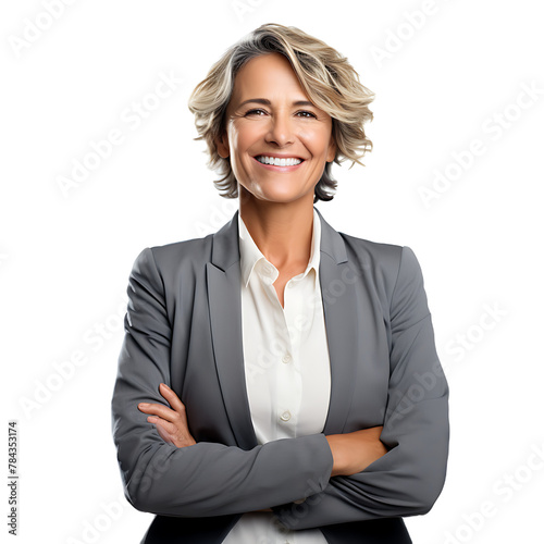 Successful middle-aged business woman smiling happily on PNG transparent background