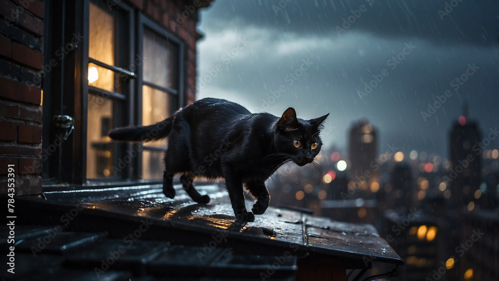 a cat is standing on the edge of a building ledge with rain coming down - obrazy, fototapety, plakaty 