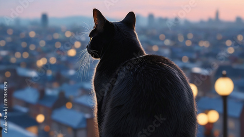 black cat looking out over a city at dusk, with lights shining from its ears © Wirestock