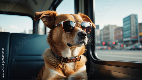 dog in sunglasses in car on the road, with street lights in background © Wirestock
