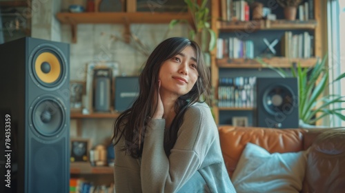 Asian Woman enjoying music with modern audio speaker system in living room
