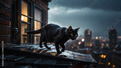 a cat is standing on the edge of a building ledge with rain coming down