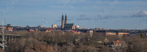Panorama view over the district Södermalm and old prison island Långholmen and the twin tower church Högalidskyrkan a sunny spring evening in Stockholm