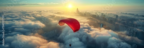A daring man parachuting over the city against the backdrop of a stunning urban landscape, showcasing adventure and freedom photo