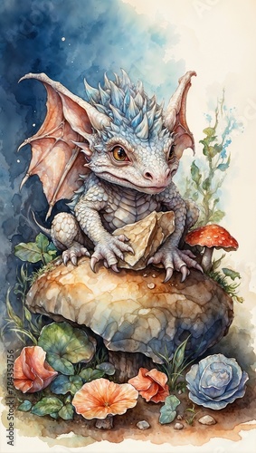 a painting of a dragon sitting on top of a rock