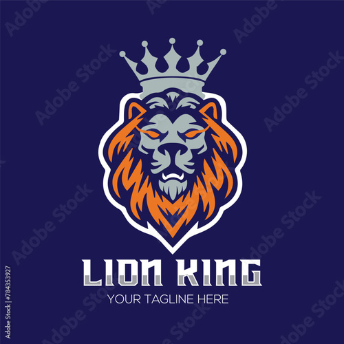 Lion king logo design with abstract isolated on a blue backgrounds. Lion logo crown symbol. Premium lion king animal head badge. Vector template. 
