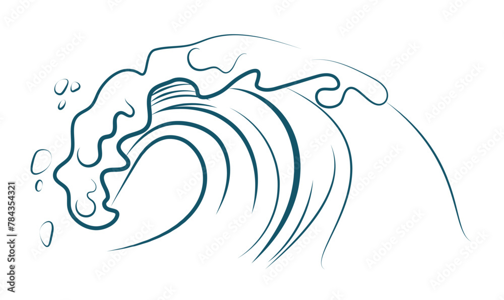 Sea or ocean wave line sketch, curve splash with water bubbles vector illustration
