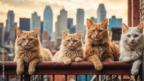 a group of cats resting on a railing and looking out over the city