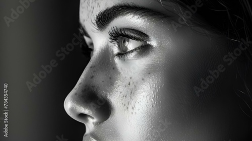 Closeup of a woman's concerned expression as she examines her facial features, AI-generated.