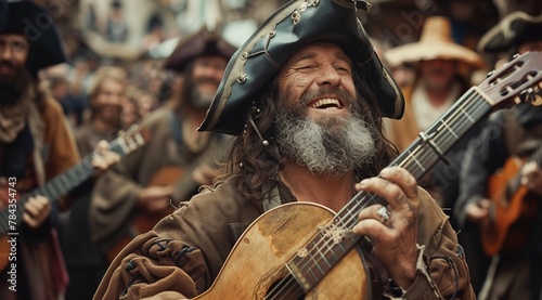 Minstrels at the festival - Medieval bard, smiling and playing the lute in front of other musicians
