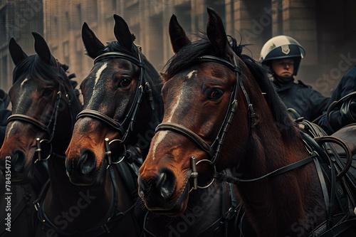 Horses wearing bridles with a police officer in the background cityscape © Wirestock
