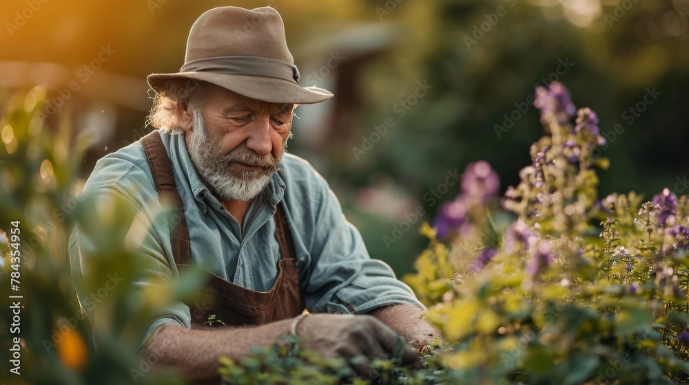 man with gardening gloves in a field with flowers in the background