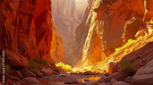  golden hour lighting to capture the slot canyon bathed in warm, soft light