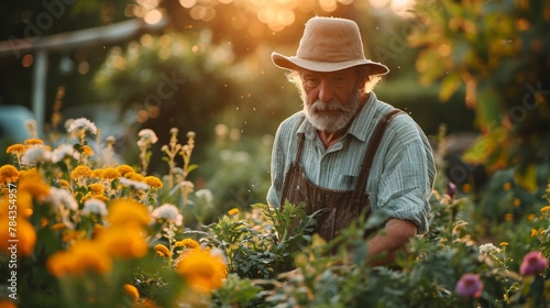 a senior man working in the garden in front of the sun