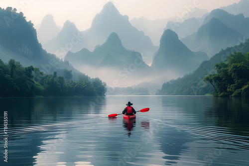 Generated photo of a man in a kayak exploring China.