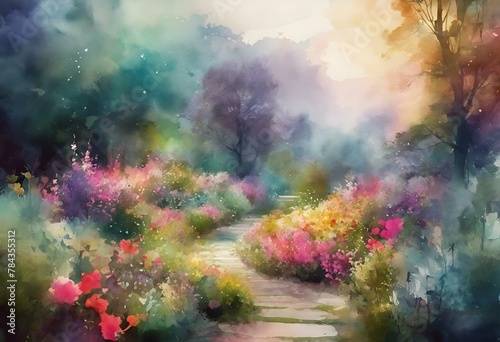 a painting of a pathway between flowers and trees with a white dog on a leash © Wirestock