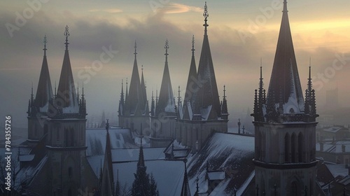 The elegant spires of the Segantini Museum rising above the snowy landscape, with a backdrop of dusky skies. photo