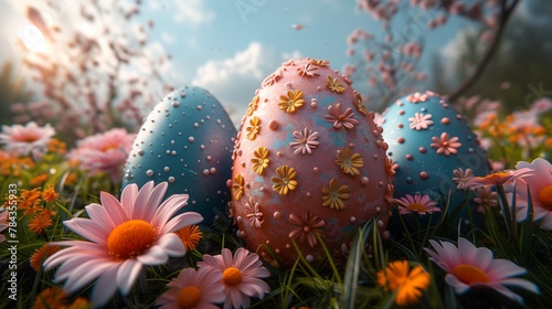 two easter eggs sitting in some flowers with sky and tree