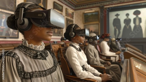 Black and white photo of African American women in 1800s clothing wearing virtual reality headsets.