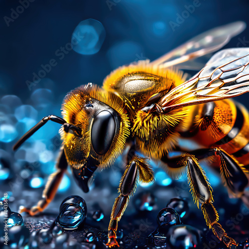AI-generated illustration of a bee surrounded by water drops photo
