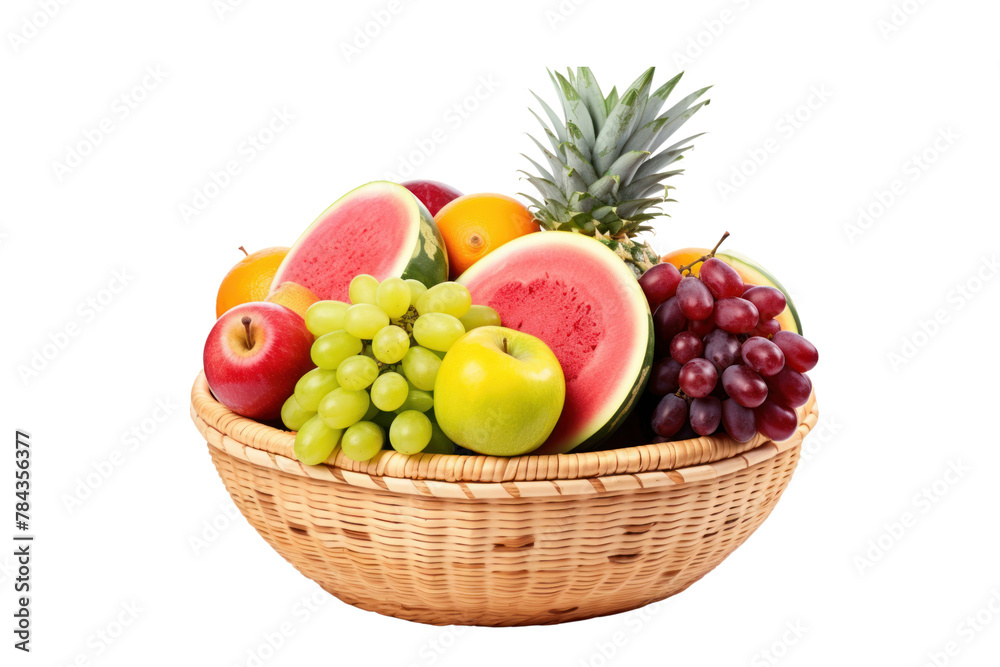 Basket of various fruits: grapes, watermelon, pineapple, papaya. Isolated on transparent background. Basket of various fruits: grapes, watermelon, pineapple, papaya. Isolated on transparent background.