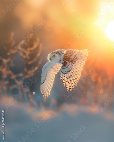 AI generated illustration of a snowy owl soars over snow-covered shrubs in the sunlight