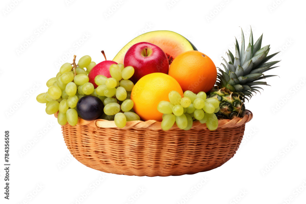 Basket of various fruits: grapes, watermelon, pineapple, papaya. Isolated on transparent background. Basket of various fruits: grapes, watermelon, pineapple, papaya. Isolated on transparent background.