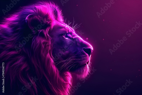 AI generated illustration of a lion in neon purple light