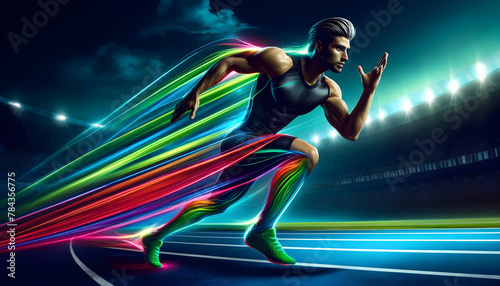 Concept of fulfillment in fitness. The image should feature a dynamic swirl of colors symbolizing energy and vitality, such as bright oranges, vibrant greens, and electric blues.