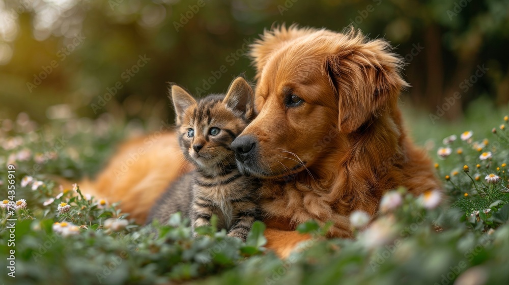a golden retriever sitting next to a kitten in the grass