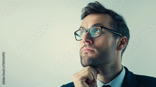 Closeup view of a intelligent businessman thinks positively about success, challenges of business with an idea or solution. Man looking sharp, serious. Creative, critical, strategic thinking concept.  photo