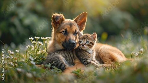 a dog and cat are laying together in the grass under the trees photo