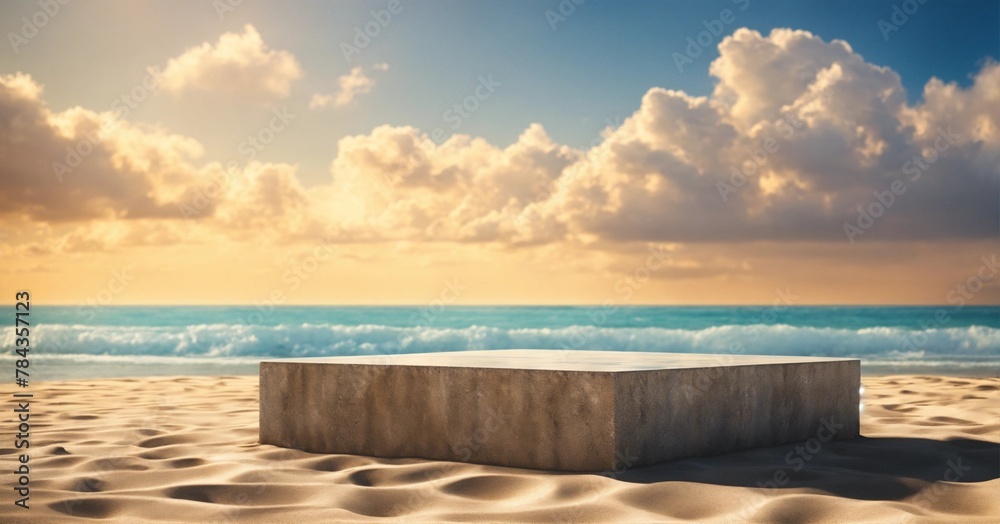 Close-up shot of an empty stone podium against a beach background