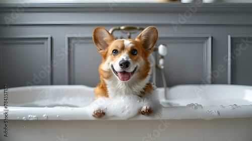 Cute corgi sitting in a bathtub with water on its paws, AI-generated.
