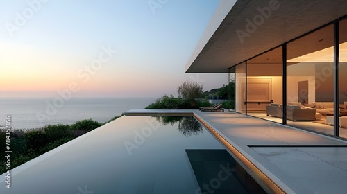 Sun setting over the ocean view from a house with a pool, AI-generated. © Wirestock