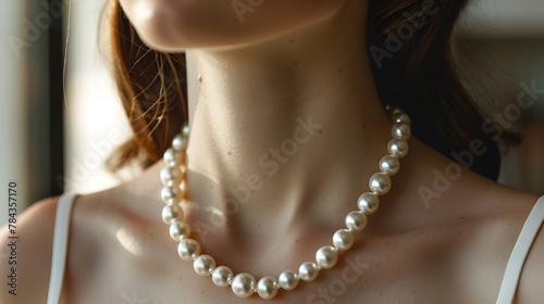 Woman wearing big white pearl necklace, AI-generated.