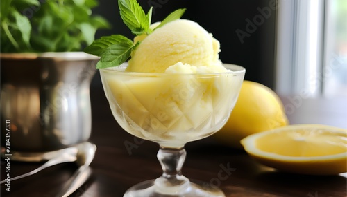 Refreshing and tangy lemon sorbet in a cup on top with mint, cinematic food dessert photography 