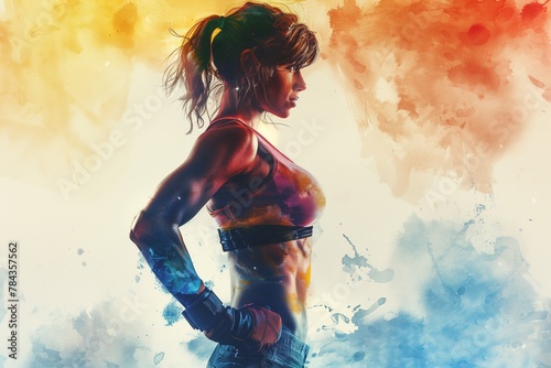 Muscular fitness girl in the style of watercolor, AI-generated.