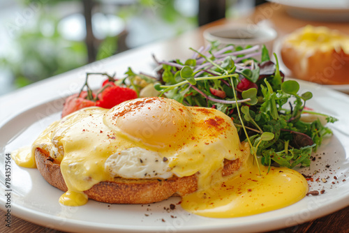 tasty eggs benedict, fried egg and ham on a toast on a plate with salad for breakfast, poached egg, floating yolk