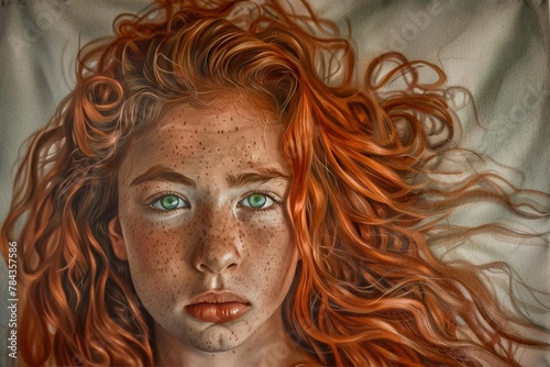 a painting of a woman with red hair looking to the side